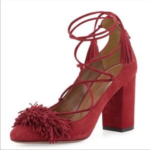 Aquazzura Burgundy Suede Fringe Wild Thing Pumps Lace Up Heels Size 41 US 10